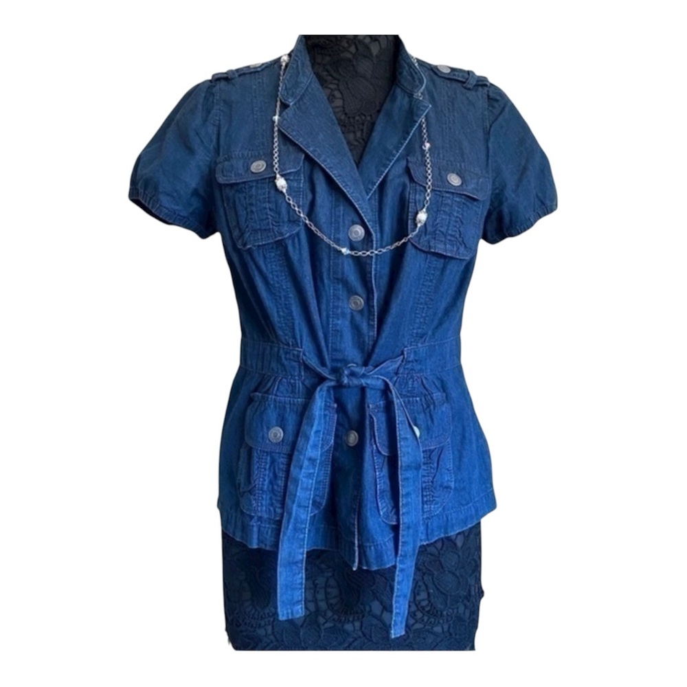 Ann Taylor Blue Chambray Dark Denim Puffed Short Sleeved Button Down Top Medium